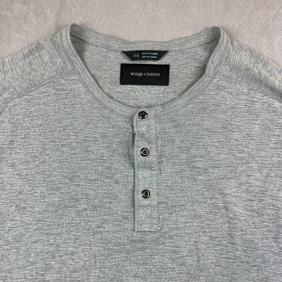 Wings + Horns Mens Shirt Large Gray Heather Slub Rib Henley Long Sleeve Knit - Picture 2 of 6